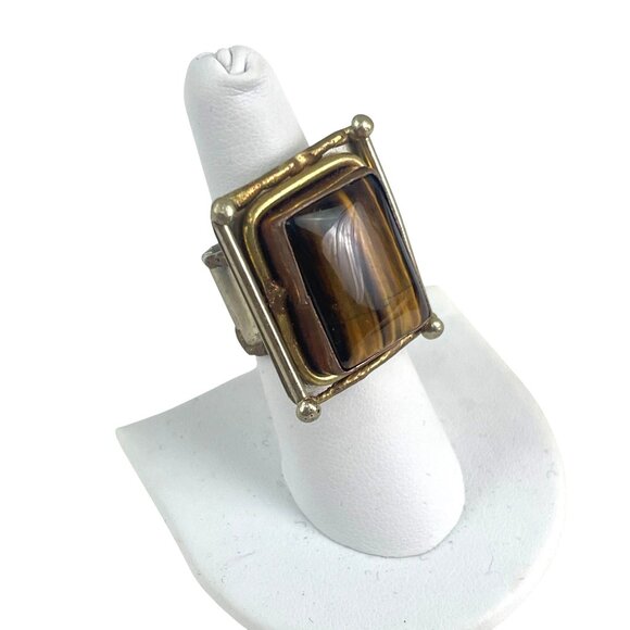 Vintage Gold-Plated Statement Ring With Rectangular Tigers Eye Gemstone & Adjust - Picture 2 of 9